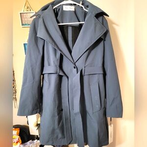 Calvin Klein Blue Belted Hooded Trench Coat Size M NWT